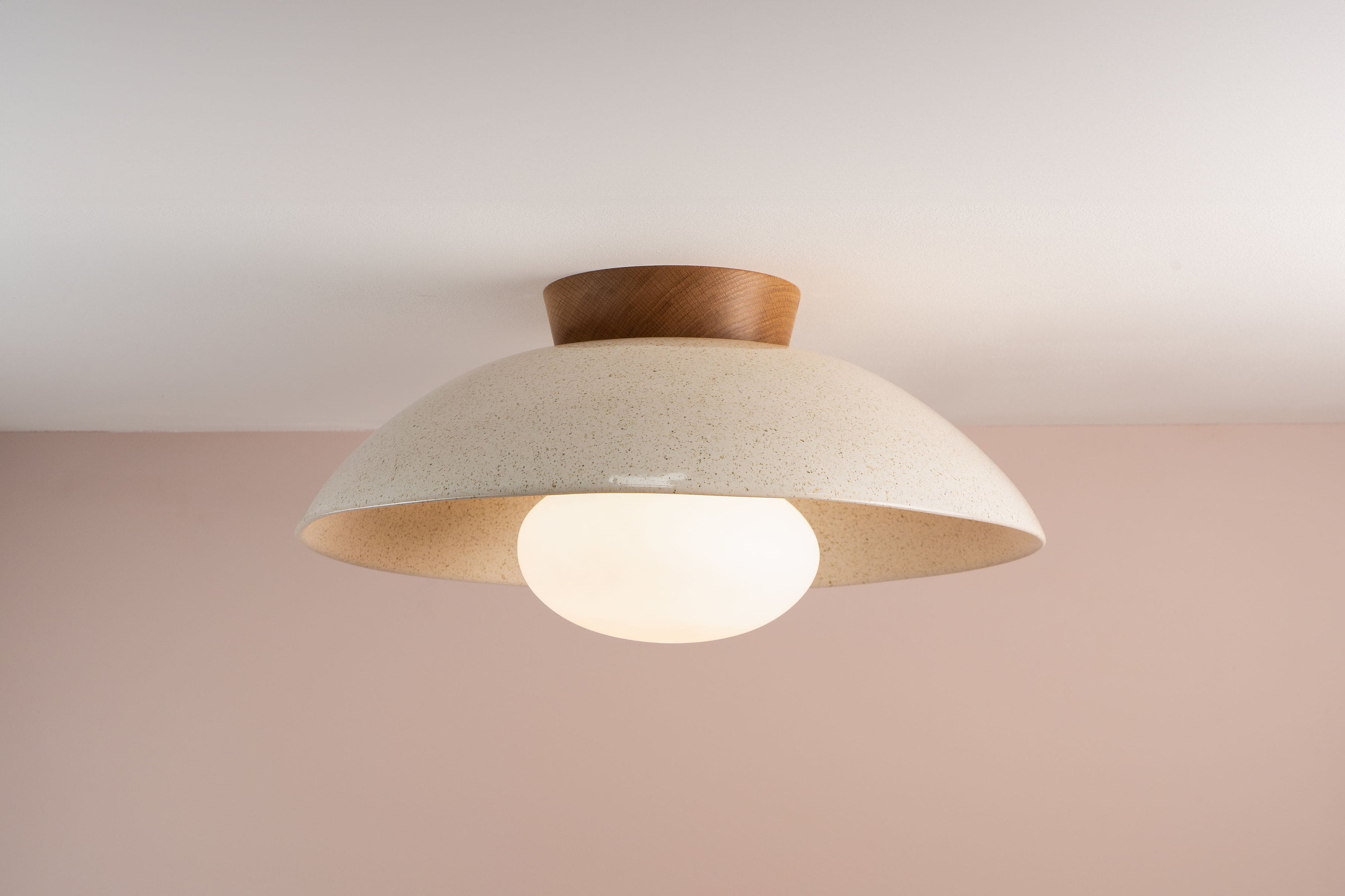 Speckled Cream Gloss XL Dawn Flush Mount Ceiling Light in Ceramic and Oak