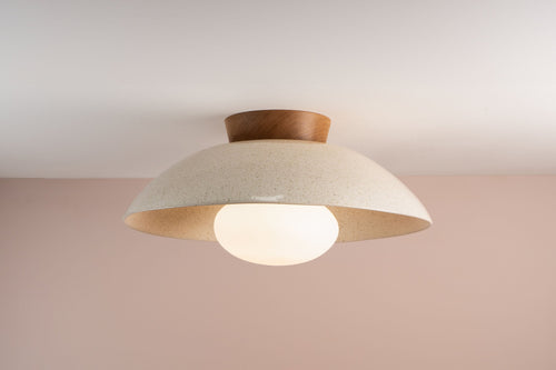 Speckled Cream Gloss XL Dawn Flush Mount Ceiling Light in Ceramic and Oak by StudioHaran