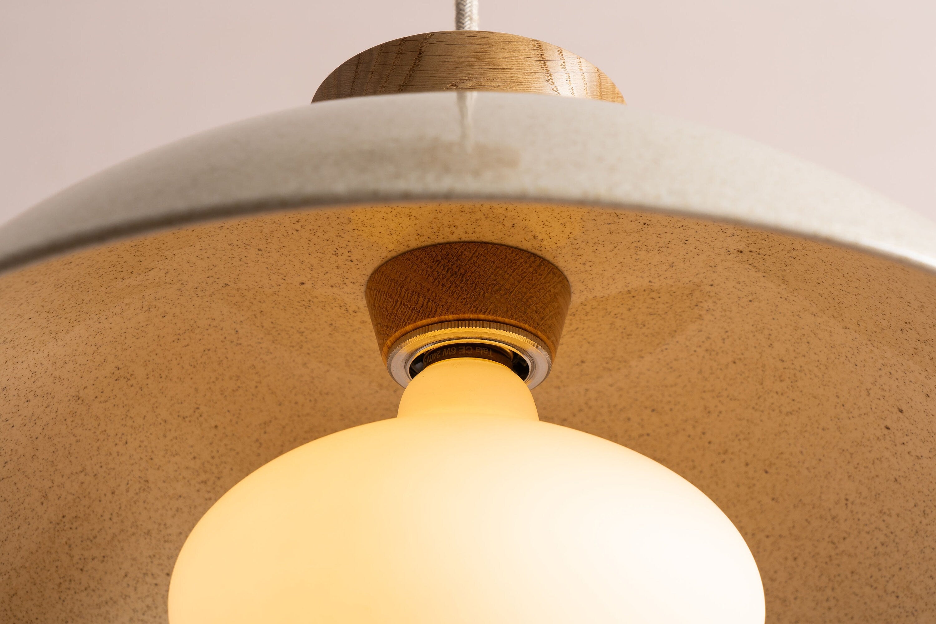 Speckled Cream Gloss Dawn Pendant Light in Ceramic and Oak by StudioHaran