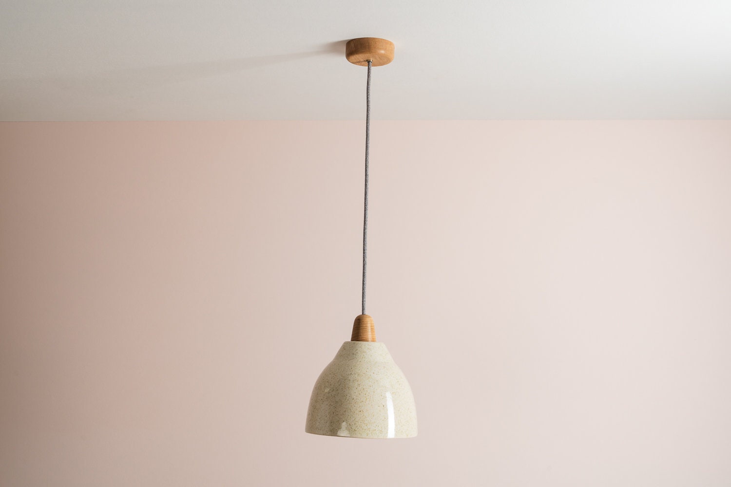 Speckled Cream Gloss Element Pendant Light in Ceramic and Oak