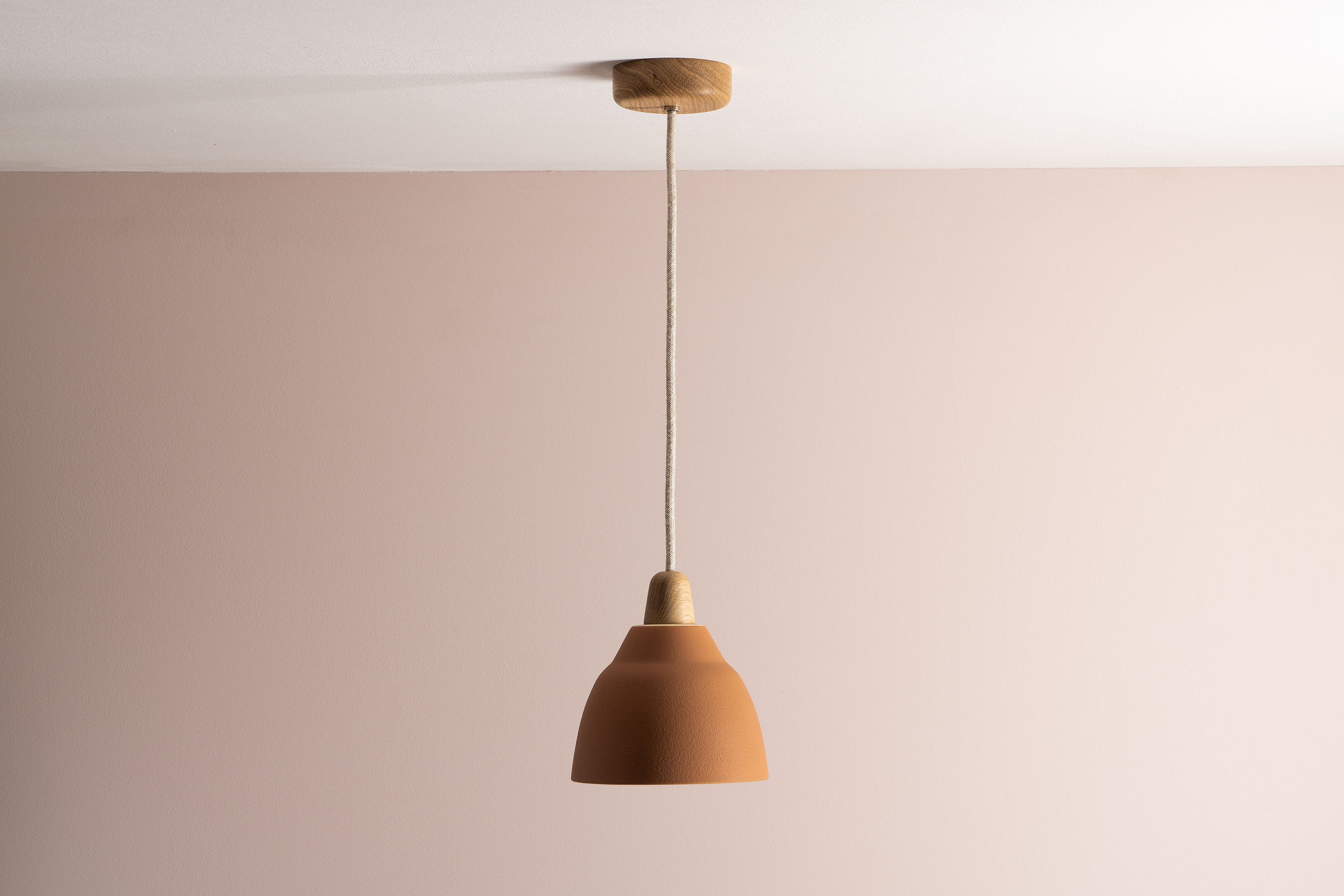 Small Terracotta Element Light in Ceramic and Oak by StudioHaran