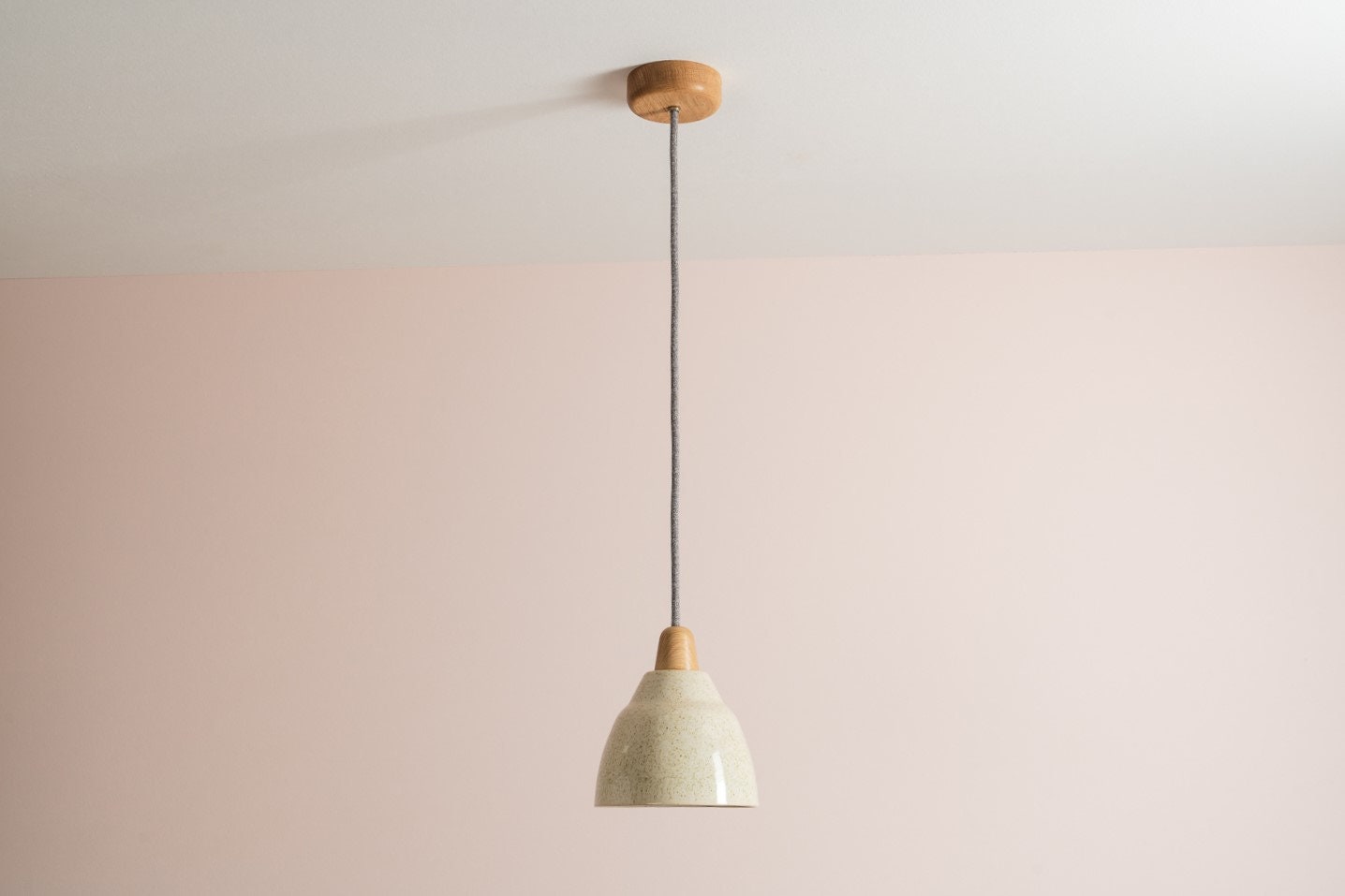 Small Speckled Cream Gloss Element Pendant Light in Ceramic and Oak