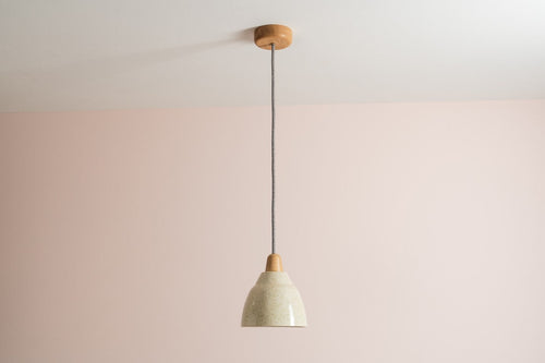 Small Speckled Cream Gloss Element Pendant Light in Ceramic and Oak by StudioHaran