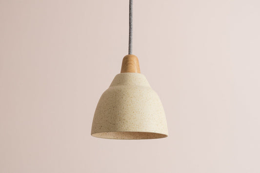 Small Speckled Cream Matt Element Pendant Light in Ceramic and Oak by StudioHaran