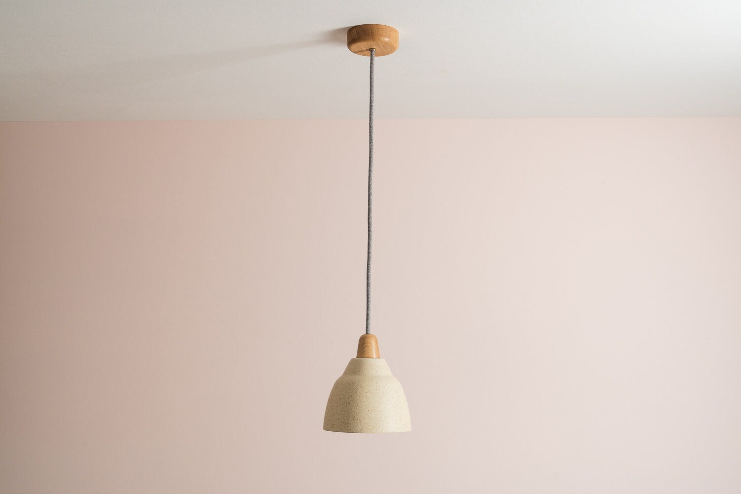 Small Speckled Cream Matt Element Pendant Light in Ceramic and Oak by StudioHaran