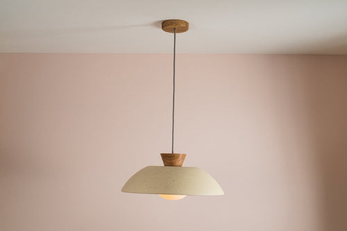 Speckled Cream Matt XL Dawn Pendant Light in Ceramic and Oak by StudioHaran