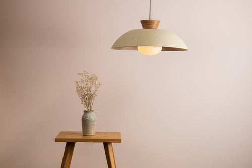 Speckled Cream Matt XL Dawn Pendant Light in Ceramic and Oak by StudioHaran