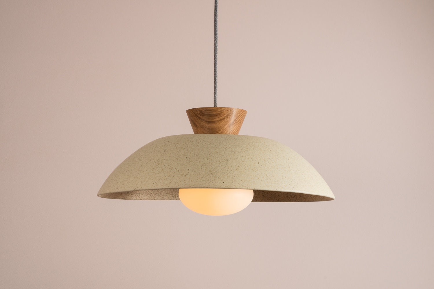 Speckled Cream Matt XL Dawn Pendant Light in Ceramic and Oak by StudioHaran