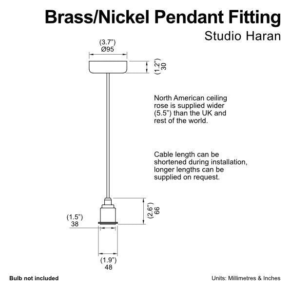 Brass/Nickel Pendant Light Fixture with Linen Cable and Oak Ceiling Rose by StudioHaran