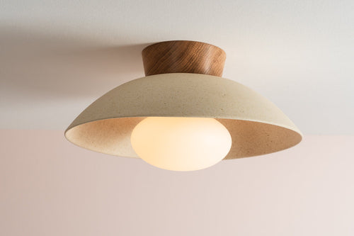 Speckled Cream Matt Dawn Flush Mount Ceiling Light in Ceramic and Oak by StudioHaran