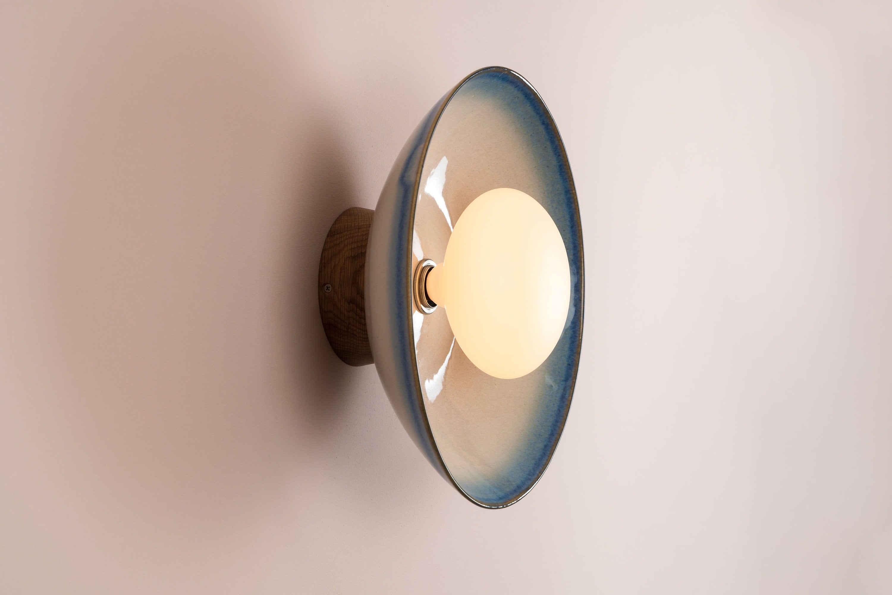 Blue & White Dawn Wall Light Sconce in Ceramic and Oak