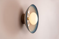 Blue & White Dawn Wall Light Sconce in Ceramic and Oak