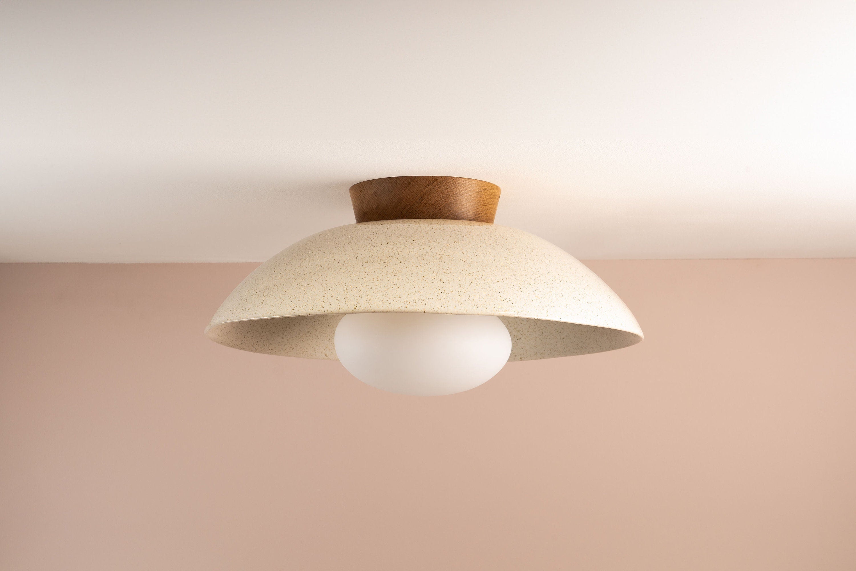 Speckled Cream Gloss XL Dawn Flush Mount Ceiling Light in Ceramic and Oak by StudioHaran