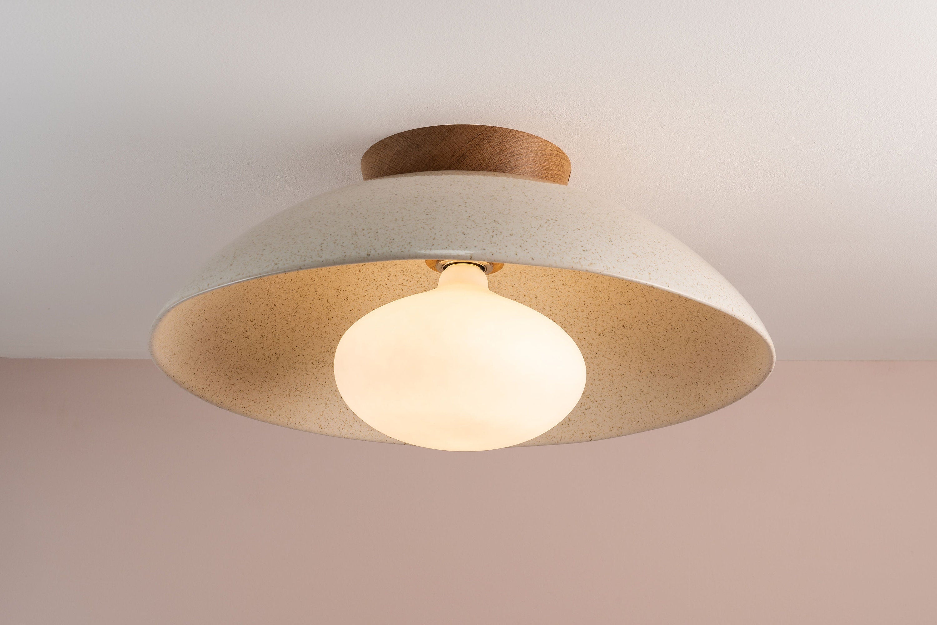 Speckled Cream Gloss XL Dawn Flush Mount Ceiling Light in Ceramic and Oak by StudioHaran