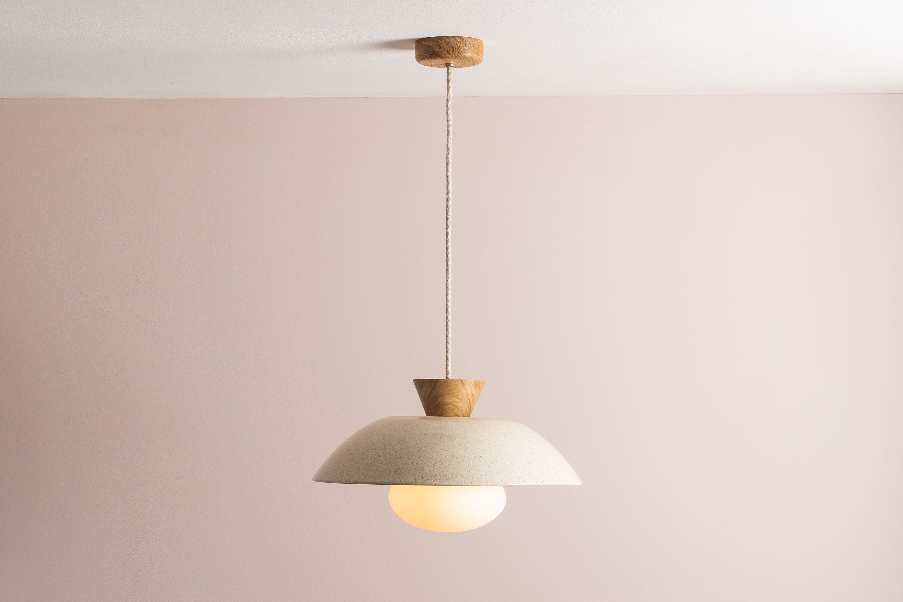 Speckled Cream Gloss Dawn Pendant Light in Ceramic and Oak by StudioHaran