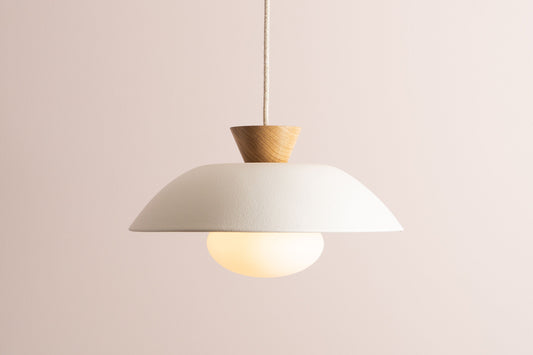 White Dawn Pendant Light in Ceramic and Oak by StudioHaran
