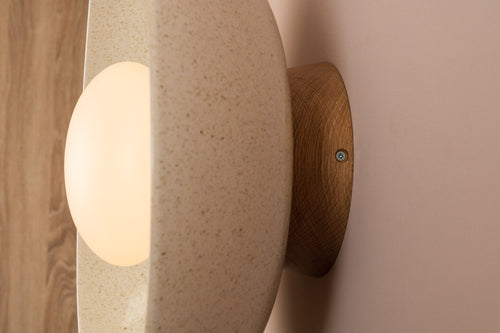 Speckled Cream Gloss XL Dawn Wall Light Sconce in Ceramic and Oak by StudioHaran