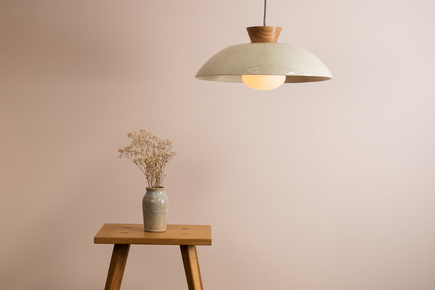 Speckled Cream Gloss XL Dawn Pendant Light in Ceramic and Oak by StudioHaran