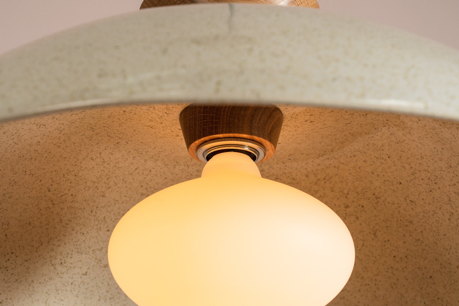 Speckled Cream Gloss XL Dawn Pendant Light in Ceramic and Oak by StudioHaran