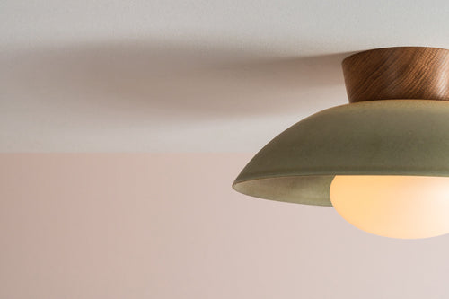 Green Dawn Flush Mount Ceiling Light in Ceramic and Oak by StudioHaran
