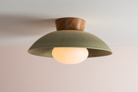 Green Dawn Flush Mount Ceiling Light in Ceramic and Oak by StudioHaran