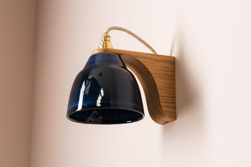 Blue Right-Angle Element Wall Light in Ceramic and Oak by StudioHaran
