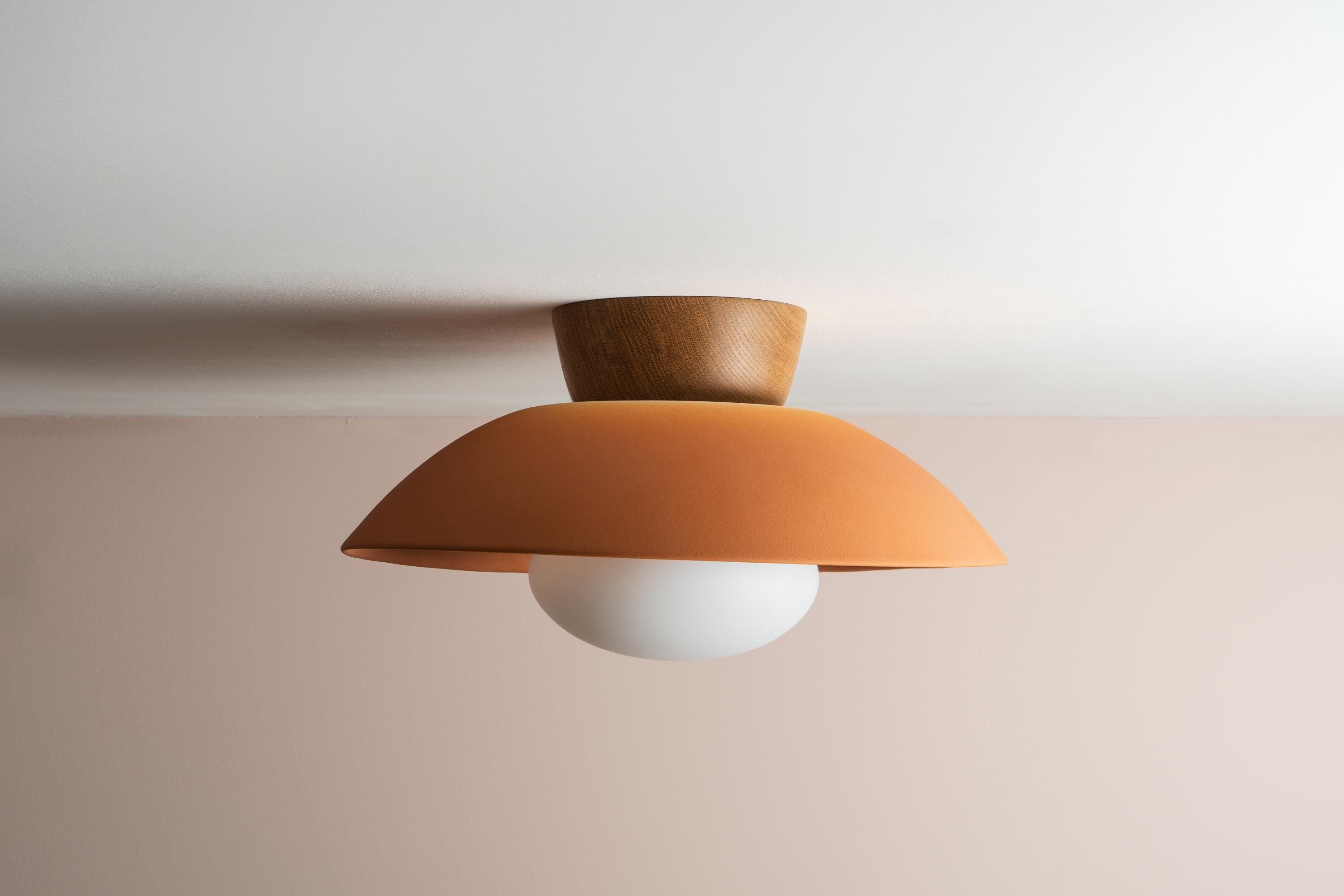 Terracotta Dawn Flush Mount Ceiling Light in Ceramic and Oak by StudioHaran