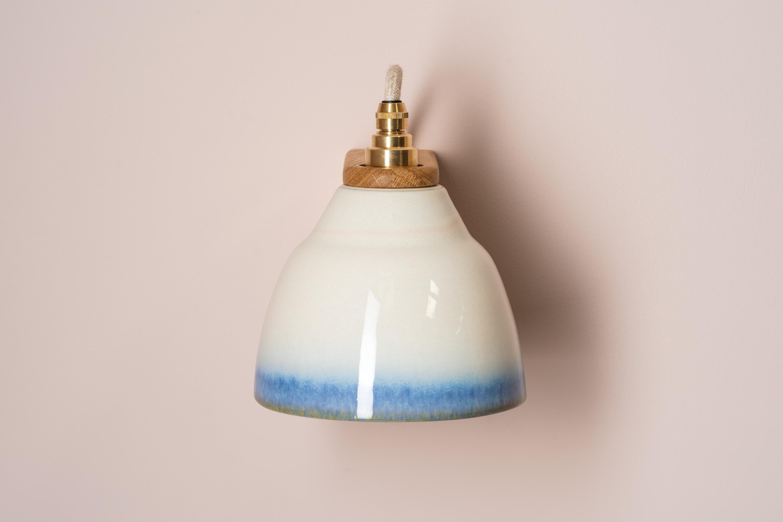 Blue and White Right-Angle Element Wall Light in Ceramic and Oak by StudioHaran