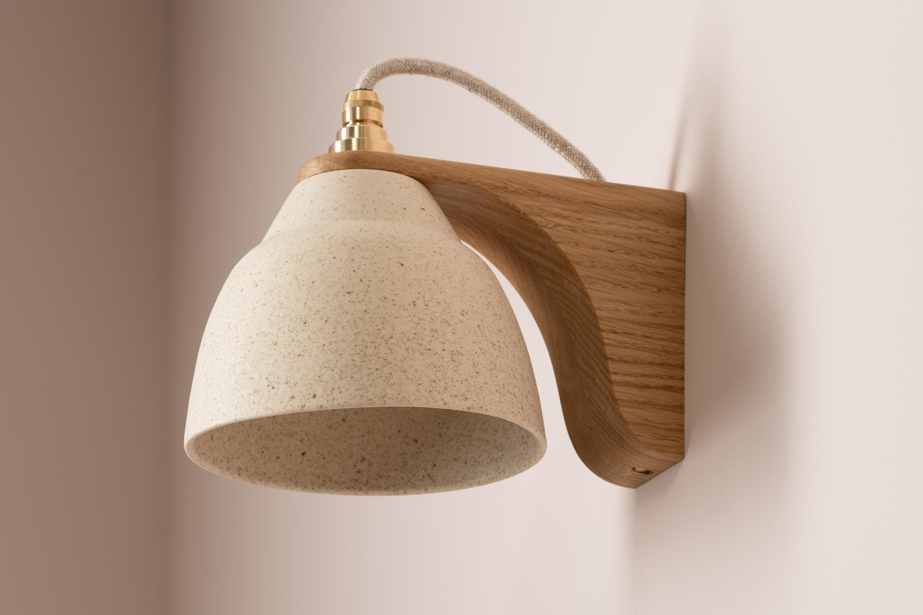 Speckled Cream Matt Right-Angle Element Wall Light in Ceramic and Oak by StudioHaran