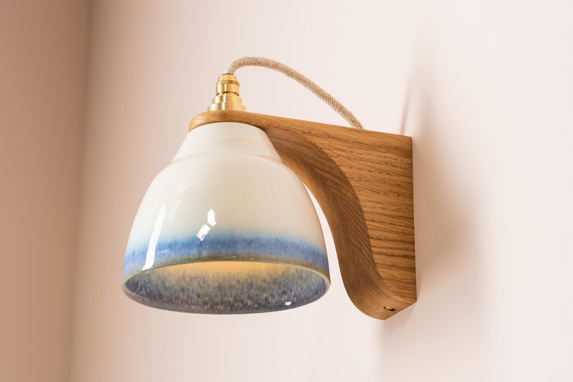 Blue and White Right-Angle Element Wall Light in Ceramic and Oak by StudioHaran
