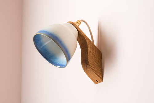 Blue and White Element Wall Light in Ceramic and Oak by StudioHaran