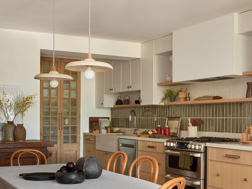 Bas Pendant Light in Ceramic and Oak by StudioHaran