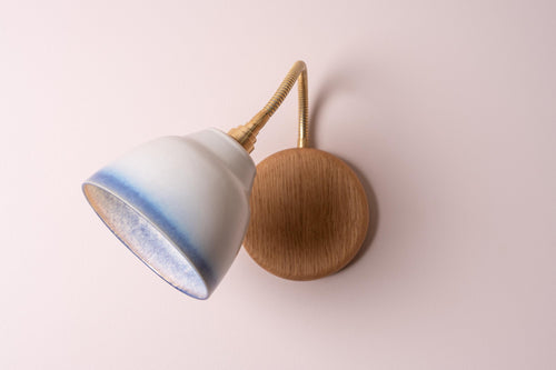 Blue and White Flex Wall Light in Brass, Ceramic and Oak - Small Element by StudioHaran