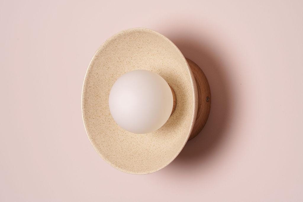 Speckled Cream Gloss Small Dawn Wall Light in Ceramic and Oak by StudioHaran