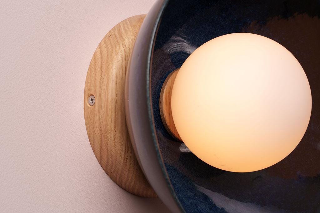 Blue Small Dawn Wall Light in Ceramic and Oak by StudioHaran