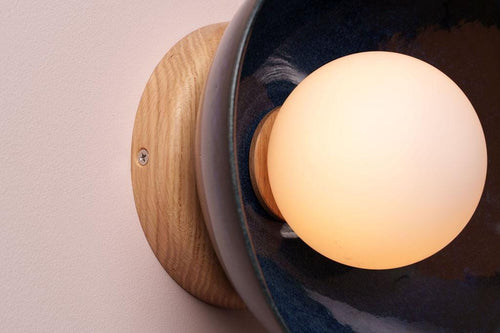 Blue Small Dawn Wall Light in Ceramic and Oak by StudioHaran