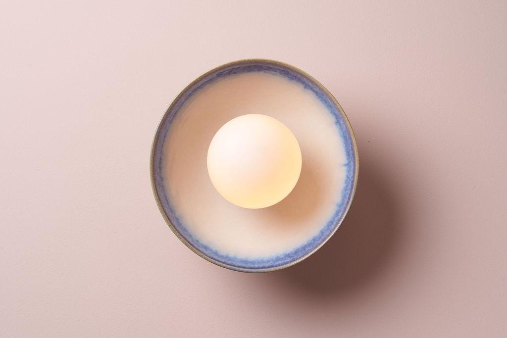 Blue and White Small Dawn Wall Light in Ceramic and Oak by StudioHaran
