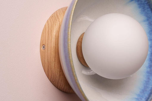 Blue and White Small Dawn Wall Light in Ceramic and Oak by StudioHaran