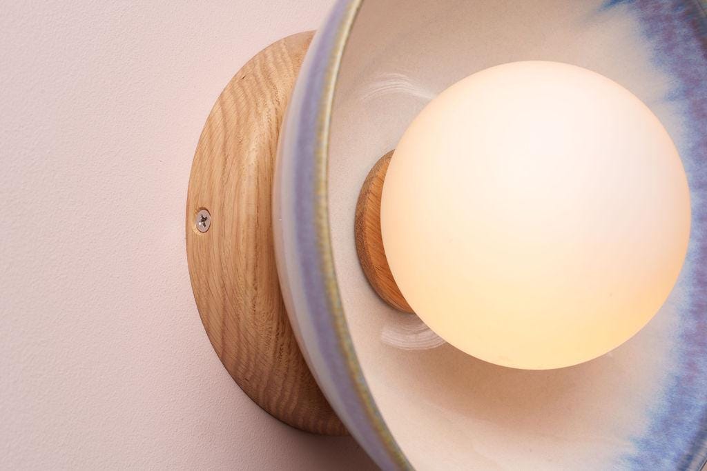 Blue and White Small Dawn Wall Light in Ceramic and Oak by StudioHaran