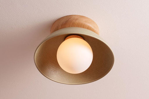 Green Small Dawn Ceiling Light in Ceramic and Oak by StudioHaran