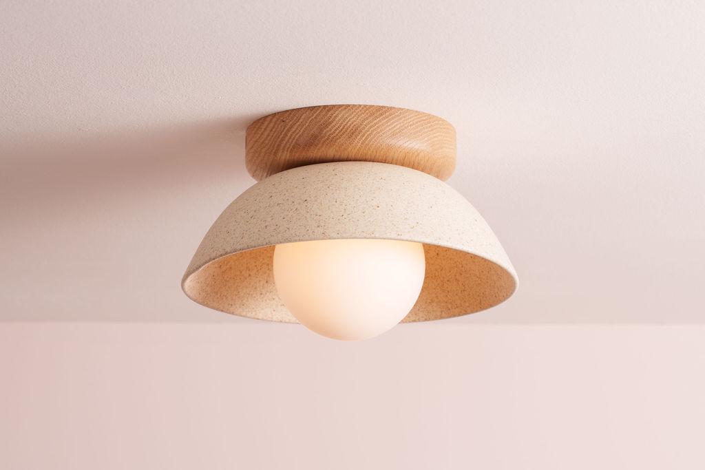 Speckled Cream Matt Small Dawn Ceiling Light in Ceramic and Oak