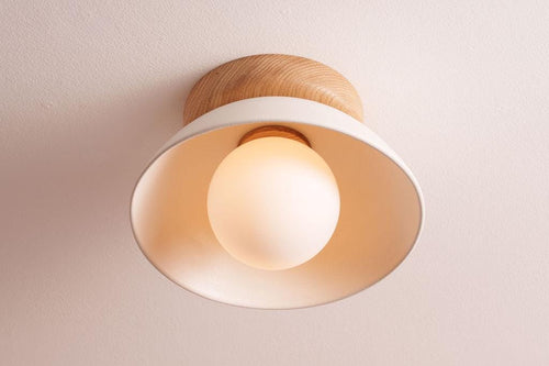 White Small Dawn Ceiling Light in Ceramic and Oak by StudioHaran
