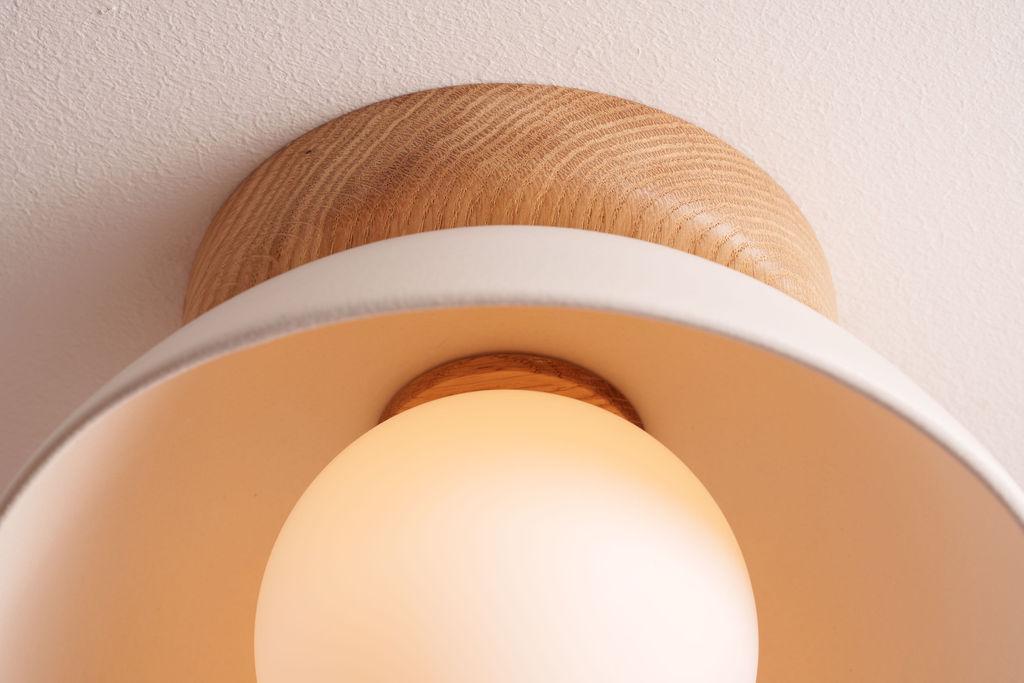 White Small Dawn Ceiling Light in Ceramic and Oak by StudioHaran