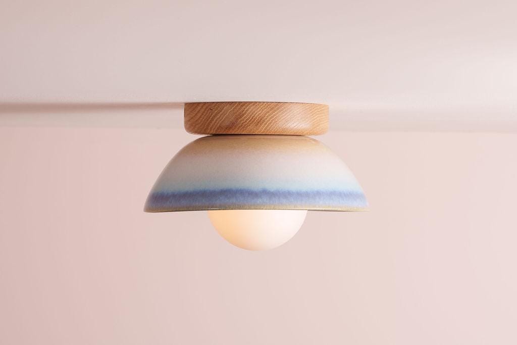 Blue and White Small Dawn Ceiling Light in Ceramic and Oak by StudioHaran