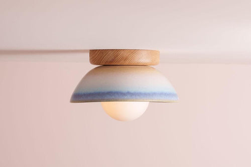 Blue and White Small Dawn Ceiling Light in Ceramic and Oak by StudioHaran