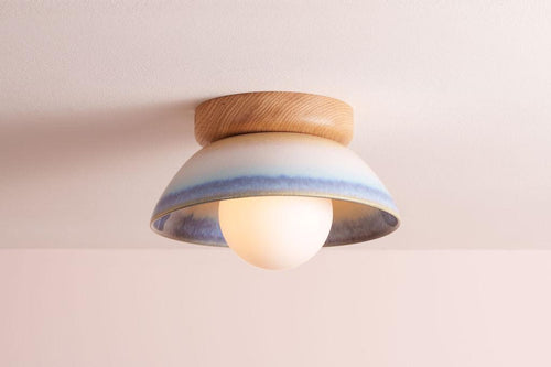 Blue and White Small Dawn Ceiling Light in Ceramic and Oak by StudioHaran