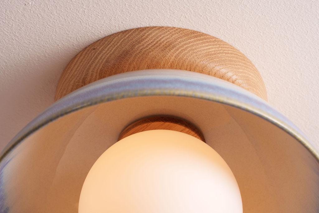 Blue and White Small Dawn Ceiling Light in Ceramic and Oak by StudioHaran