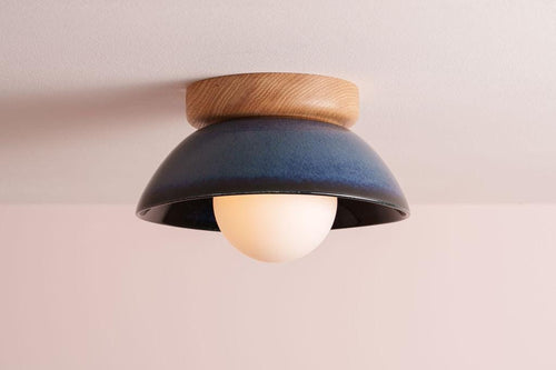 Blue Small Dawn Ceiling Light in Ceramic and Oak by StudioHaran