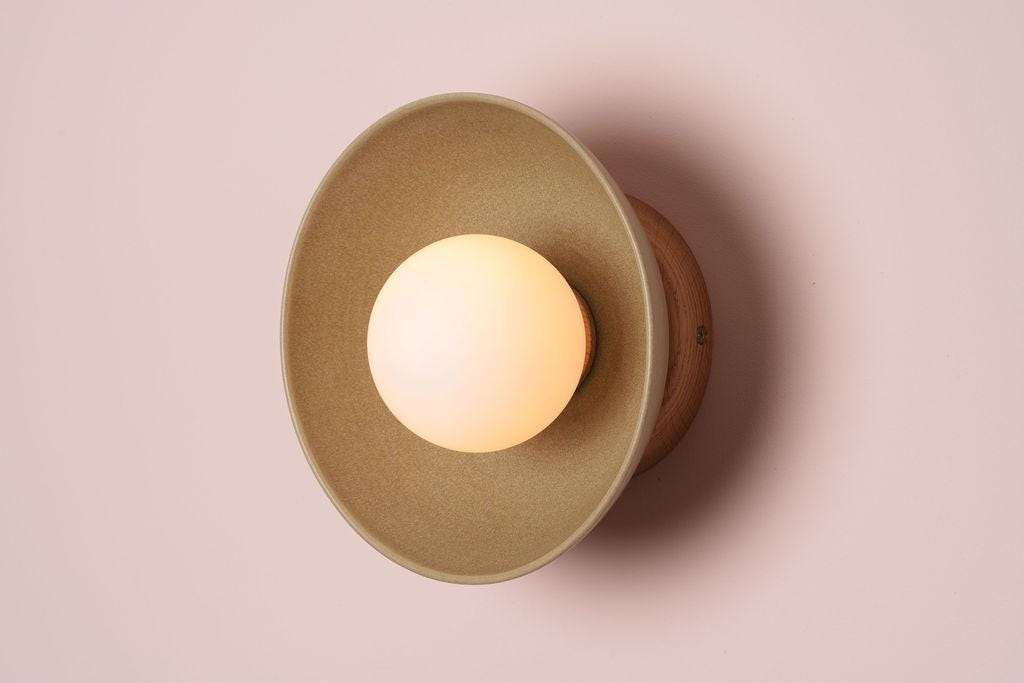 Green Small Dawn Wall Light in Ceramic and Oak by StudioHaran