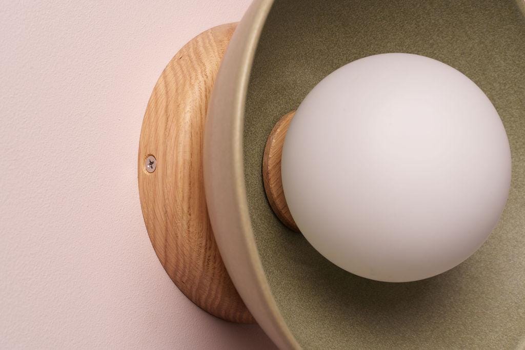 Green Small Dawn Wall Light in Ceramic and Oak